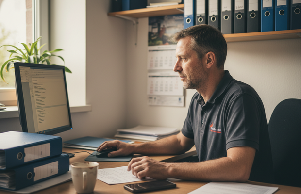 Handwerker prüft eingehende E-Rechnung am Bildschirm im Betriebsbüro
