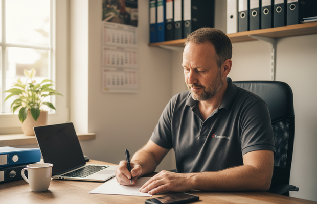 Handwerker-Inhaber bearbeitet die Eintragung in die Handwerksrolle am Schreibtisch