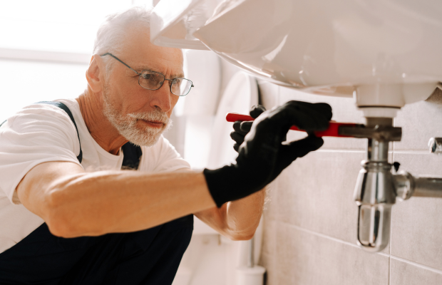 KLempner arbeitet, während Frag Maxi seine Erreichbarkeit sicherstellt.